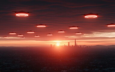 Obraz premium Mysterious ufo sightings in urban landscape futuristic city digital art evening atmosphere aerial view sci-fi concept