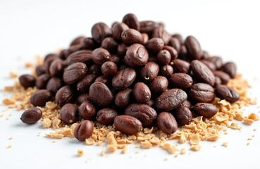 Fototapeta premium Pile of tonka beans, shredded nut crumbs on white background. Aromatic spice for gourmand perfume, fragrance, cookery. Brown wrinkled exotic dessert ingredient for healthy nutrition. Gourmet food