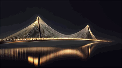 The image shows a cable-stayed bridge at night. The bridge is illuminated with warm, golden lights, creating a strong contrast against the dark background. The lights are reflected in the calm