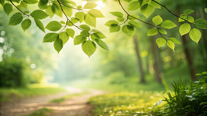 Obraz premium A soft, blurred nature background featuring lush green foliage with hints of sunlight filtering through the leaves. The out-of-focus effect creates a dreamy, serene atmosphere