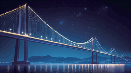 Fototapeta premium The image depicts a long shot of a modern suspension bridge at night. The bridge is brightly illuminated, with lights lining its structure and cables. The bridge stretches across a calm body of