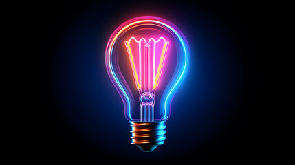 Creative neon light bulb glowing with vibrant colors against a dark background, a symbol of innovation.