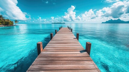 Fototapeta premium Crystal-clear turquoise ocean with a wooden pier extending into the horizon, evoking spring break dreams