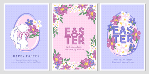 Happy Easter Set of greeting cards, posters, holiday banners. Spring hand drawn flowers, eggs and bunny. Vector illustration