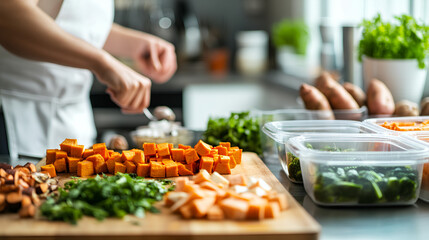 Obraz premium Fresh vegan ingredients chopped on a wooden board, ready for meal prep. Blurr effect in the backgraund