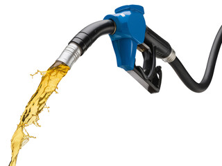 fuel nozzle pouring from blue gasoline pump, isolated on white background.