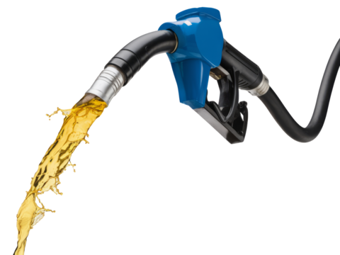 fuel nozzle pouring from blue gasoline pump, isolated on white background.