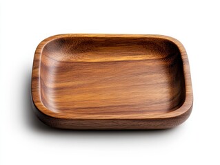 Square wooden tray, dark brown, isolated on white background. Simple, rustic design. Perfect for serving snacks or appetizers
