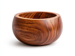 Dark brown wooden bowl isolated on white background, round shape, natural wood grain texture visible. Simple, rustic design