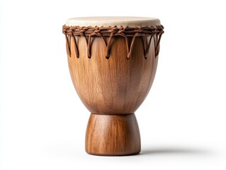 Dark brown wooden djembe drum with light beige drumhead, isolated on white background. Intricate details on the drum's body and rim