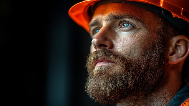 A contemplative construction worker gazes upward, his rugged beard and hopeful eyes reflecting the weight and promise of his labor against a dark, moody background.