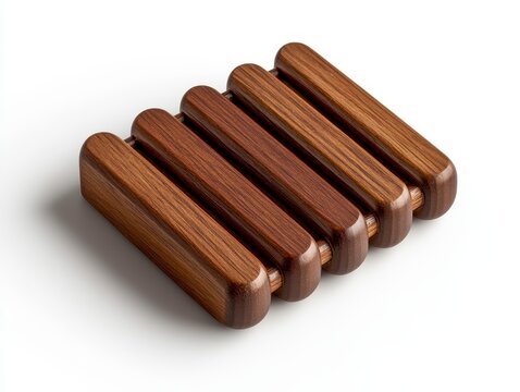 Dark brown wooden soap dish with five parallel bars, isolated on white background. Simple, elegant design, perfect for bathroom