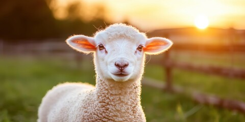Fototapeta premium Playful lamb at sunset in pastoral landscape nature photography tranquil environment close-up view
