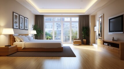 Fototapeta premium A clean yet warm bedroom with light-colored bedding, natural wood, and gentle lighting.