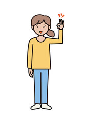 ウインクしてOKするパンツルックの若い女性の全身イラスト