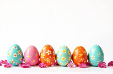 Colorful eggs with floral pattern isolated on white background, free space on top of image for text.