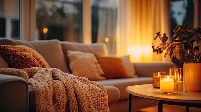 A cozy autumn-inspired living room with warm tones, knitted blankets, and soft candlelight.