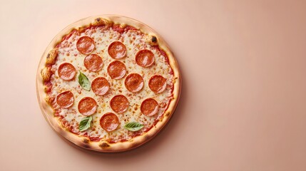 Classic pepperoni pizza with melted cheese and crispy crust on beige background. Traditional Italian cuisine. Fast food. Pizzeria, restaurant, food delivery. Casual gatherings. Horizontal banner