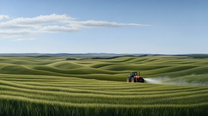 Tractor applies chemicals to a lush green grass field, actively managing the farmland with a colorful approach and ample branding area