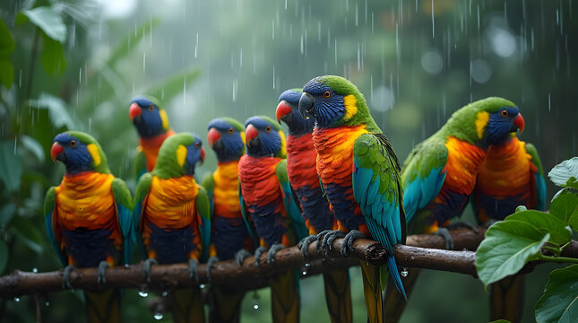 A vibrant group of rainbow lorikeets perches together on a branch in the rainforest as raindrops fall. Their colorful feathers contrast beautifully with the lush green foliage and misty background.
