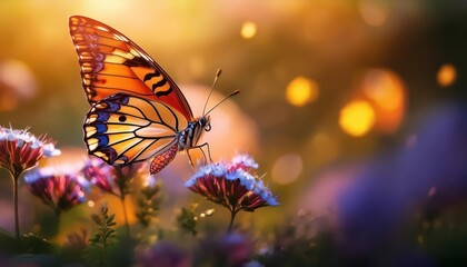 Vivid Wings Amidst Blossoming Blooms A Stunning Closeup of a Multicolored Butterfly Flitting through an Exuberant Garden of Springtime Colors, Basking in the Sunlit Meadows Radiant Glow