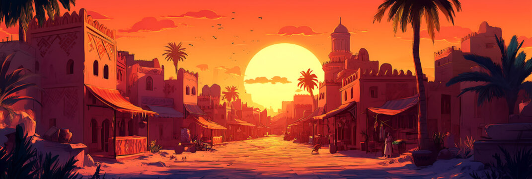 Desert Sunset with Palm Trees and Ancient City – Warm Aesthetic Landscape Illustration, ideal for travel blogs, adventure websites, desert tourism promotions, fantasy art, storytelling backgrounds, 