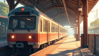 Fototapeta premium Anime-style illustration of Japanese train at station platform. Red, white train standing at railroad. Vintage style train station with wooden columns, roof. Concept of travel, tourism, commuting in