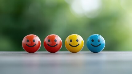 Four colorful smiley face candies arranged on a gray surface with a blurred green background. The candies are red, orange, yellow, and blue, and