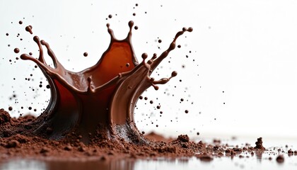 Choco splash photo. Brown chocolate splash with falling drops. Abstract shape food dessert design, isolated against white. Bursting liquid motion with particles flying. Delicious refreshment beverage