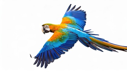 Fototapeta premium Vibrant and Majestic Blue and Gold Macaw Soaring on Transparent Background A Spectacular Tropical Avian Emblem Illuminated in a Colorful Canvas, Ideal for Digital Art, Home Decor, or Design