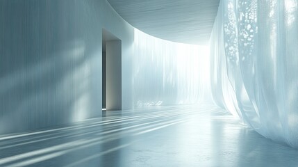 A 3D-rendered dark room opening to bright white light for conceptual designs.