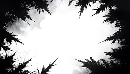 Dark trees frame white sky