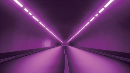 The image depicts a digitally rendered abstract tunnel.  The tunnel is rendered in shades of purple and pink, with bright neon lights lining both sides, creating a V-shaped pattern converging