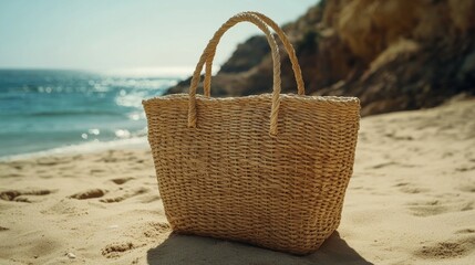 Beach Bag at the beach with ocean background and beach sand