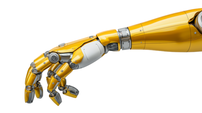 Yellow robotic arm on green backdrop, industrial automation and futuristic technology concept