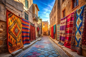 Fototapeta premium Vibrant Moroccan Rugs Draped on Old City Buildings, Street Scene, Exotic Textile, Travel Photography