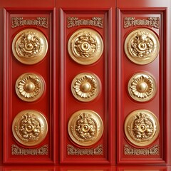 Obraz premium Ornate Red Door Panels with Gold Accents