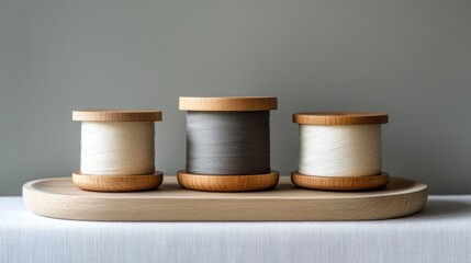 Three wooden spools of thread in different colors, arranged on a wooden tray.