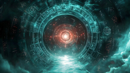 view of a massive interstellar gateway opening into a cosmic vortex, surrounded by mysterious symbols 