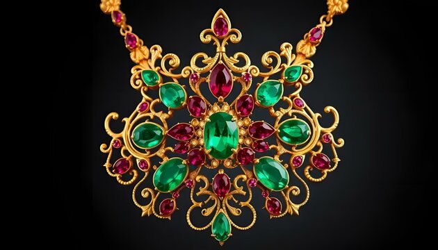 Exquisite gold necklace with emerald and ruby gemstones on a dark background
