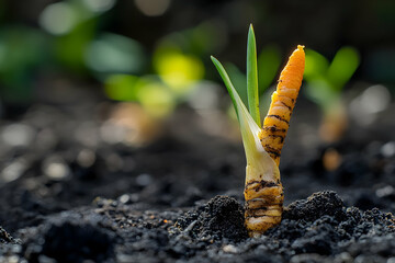 Obraz premium Emergence of New Life, A Carrot Sprout Breaking Through Fertile Soil
