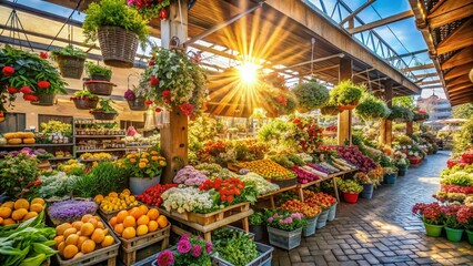 Fototapeta premium Vibrant Outdoor Market: Fresh Produce & Flowers