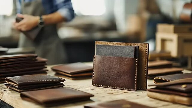 A collection of handcrafted leather wallets displayed on a wooden table in a workshop.