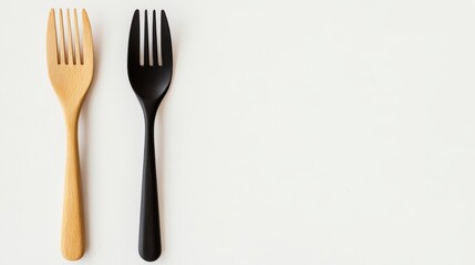 Wooden and Black Forks: Minimalist Kitchen Utensils on White 