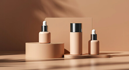 Minimalistic beauty product showcase with sleek containers on geometric podiums