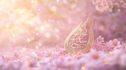 Elegant Islamic Calligraphy Design on Pink Flowers Soft Light Background Beautiful Artistic Digital Art Peaceful Spiritual Theme Golden Ornate Decoration Delicate Floral Pattern Subtle Bokeh Effect   