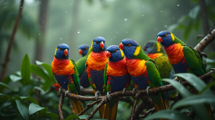 A vibrant group of rainbow lorikeets perches together on a branch in the rainforest as raindrops fall. Their colorful feathers contrast beautifully with the lush green foliage and misty background.