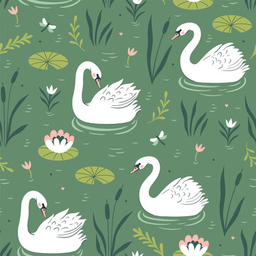 Seamless pattern with white swans on a pond. Vector graphics.