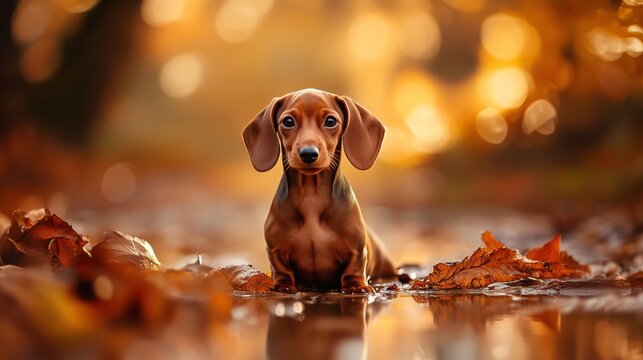 Młody jamnik w jesiennym lesie otoczony złotymi liśćmi