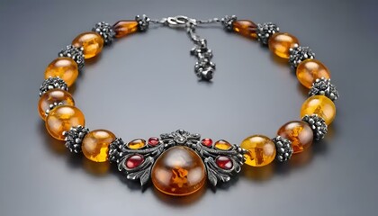 Obraz premium Elegant amber necklace with silver accents on dark background, stunning jewelry concept 